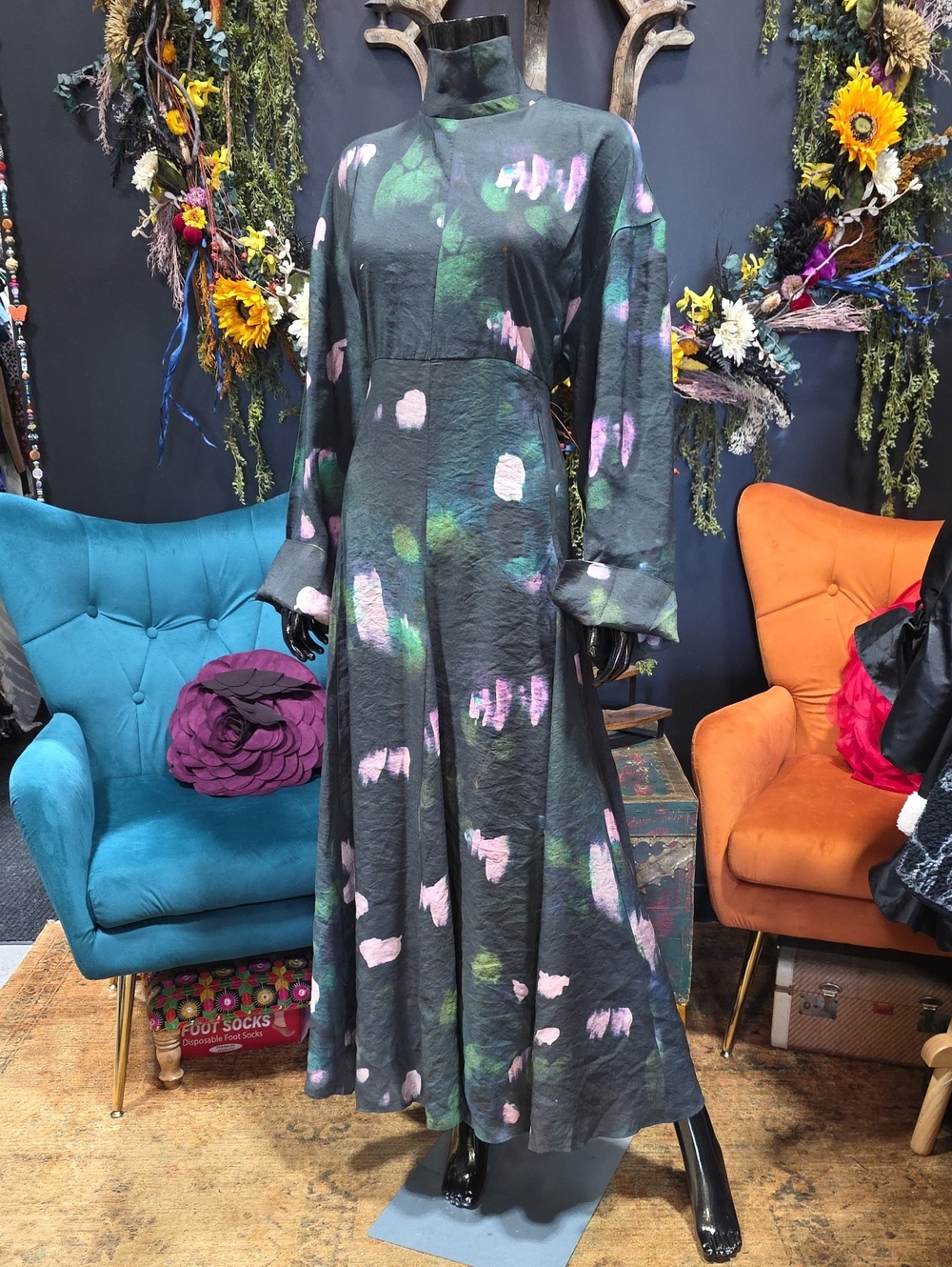 ASOS Dark Gray Floral Long Sleeve Maxi Dress w/ Back Detail